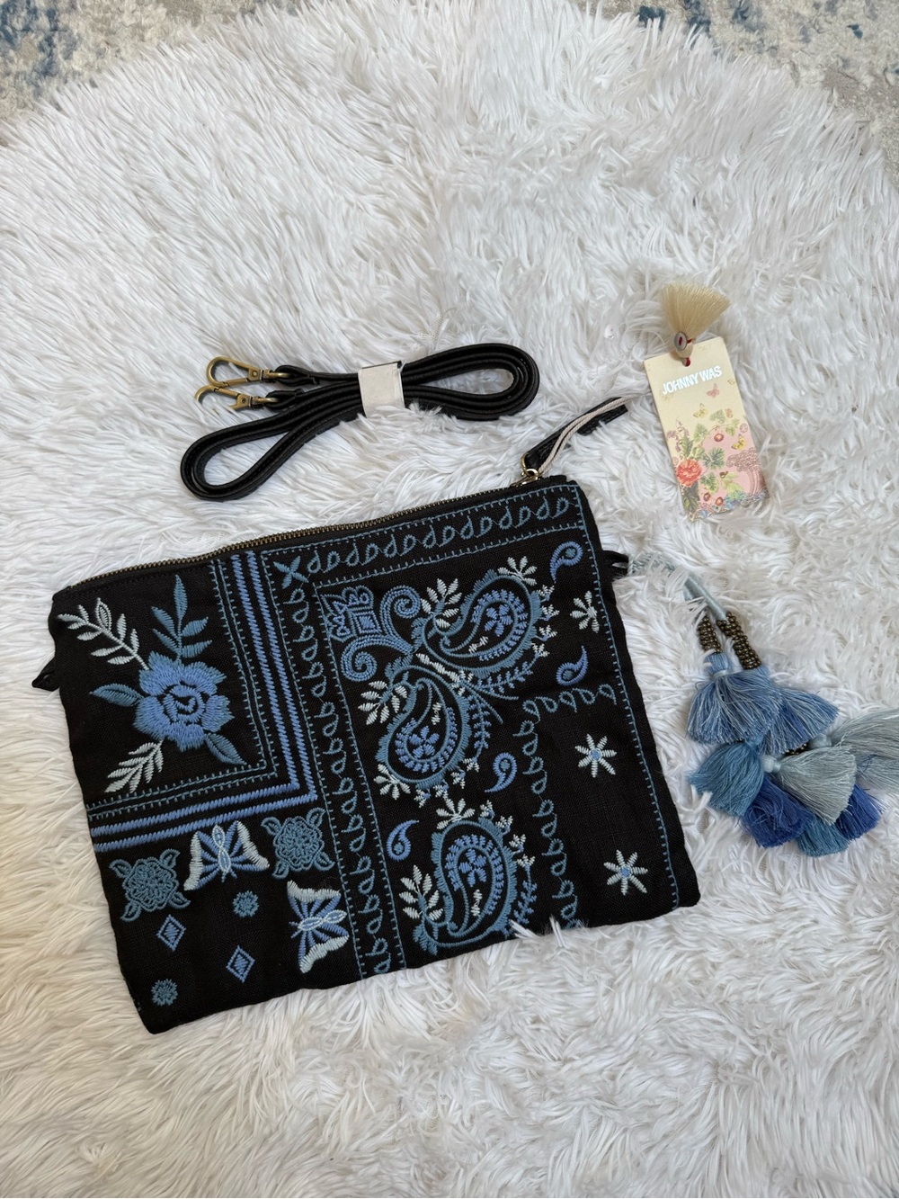 NWT Johnny Was Black & Blue Embroidered Crossbody Clutch